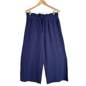 Navy Linen Blend Wide Leg Women’s Pants Elastic Waist Cropped XL
